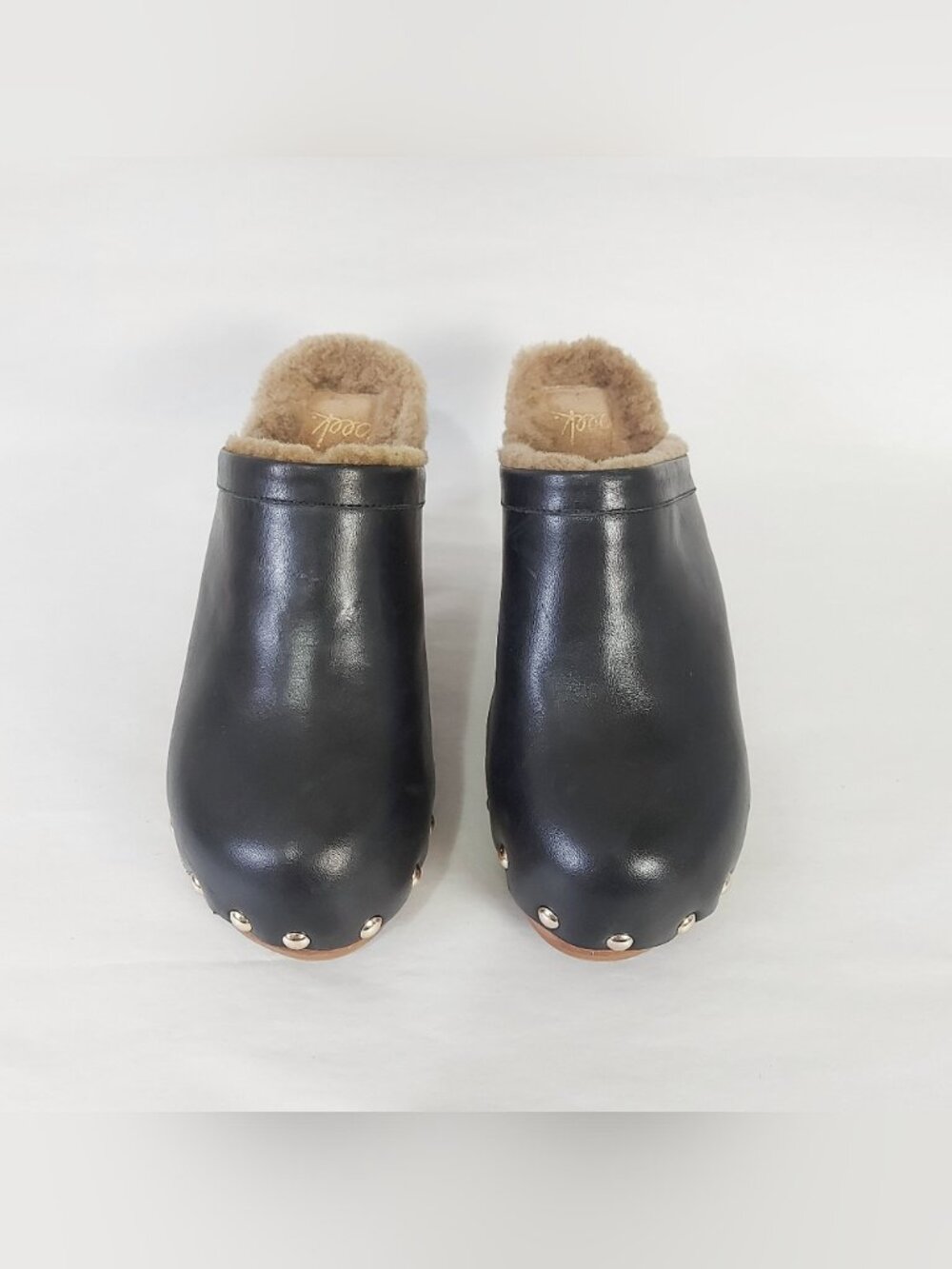 Beek Studs Chunky Cozy High Heel Woodpecker Shearling Clogs Size 7 Black Leather - Picture 2 of 11